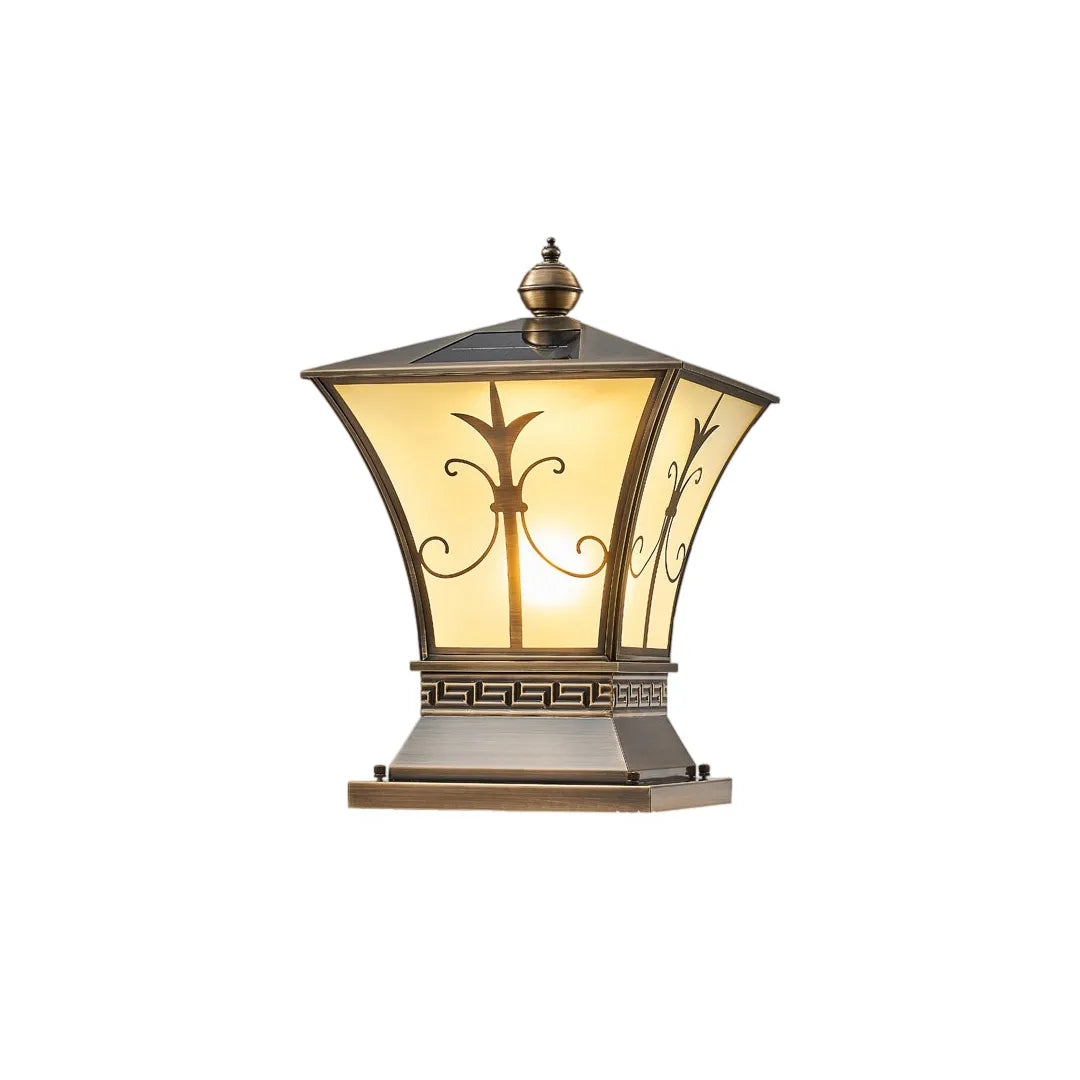 Vintage solar pillar lantern with bronze finish palm leaf pattern and warm glow