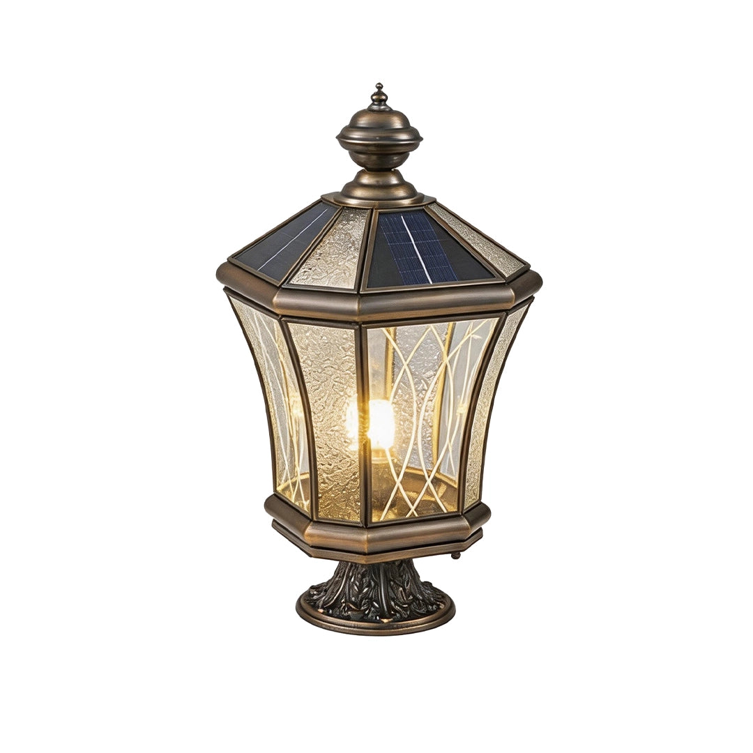 Vintage solar pillar lantern with bronze finish and integrated solar panel roof