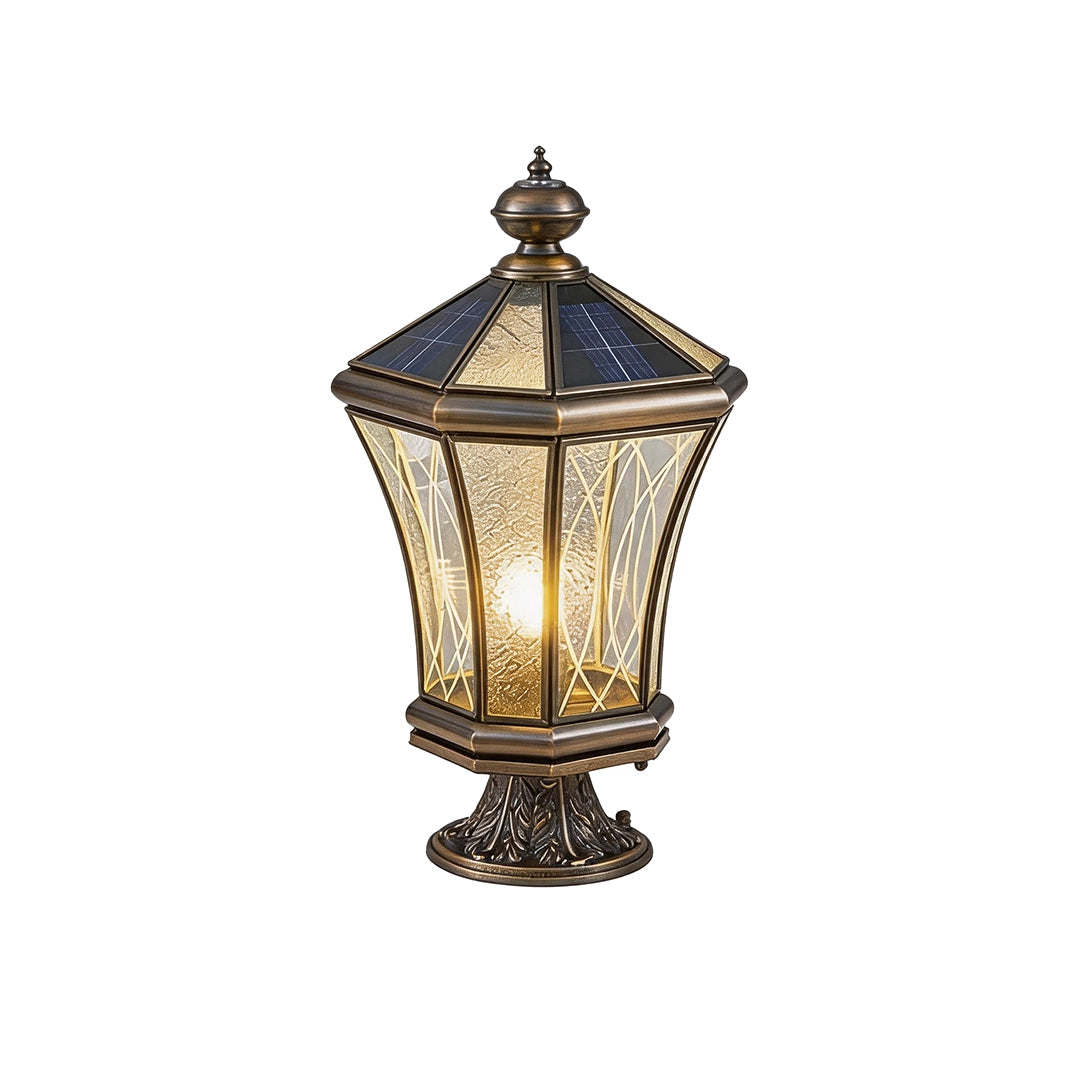 Vintage solar pillar lantern with dark bronze frame and warm textured glass