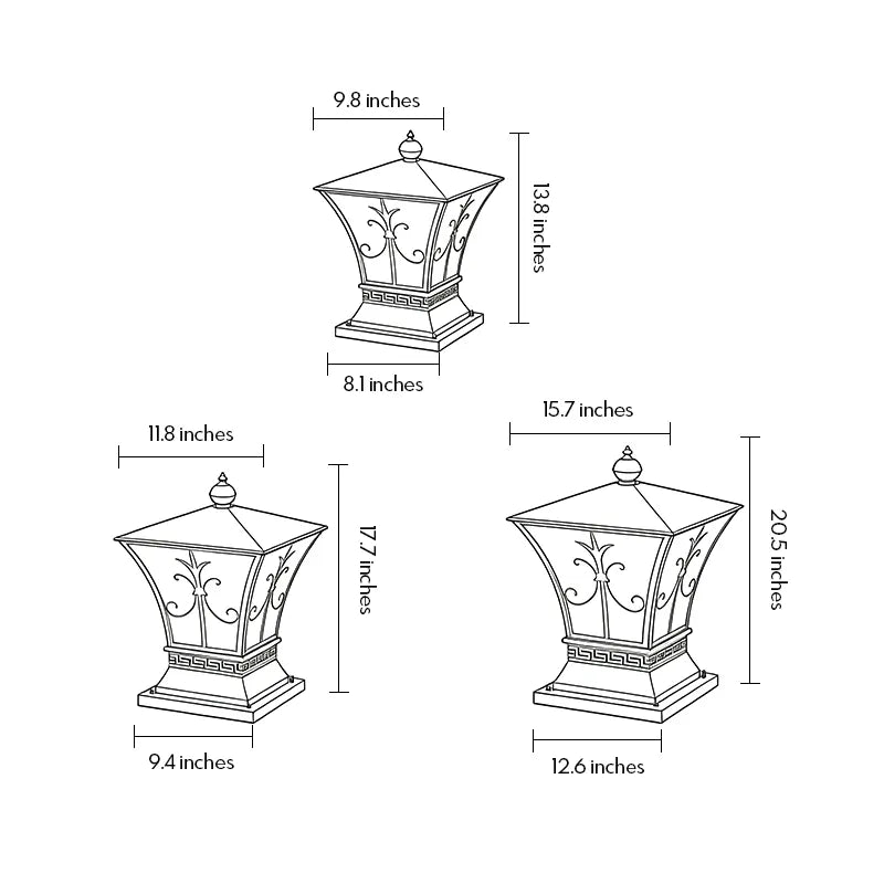 Vintage solar pillar lantern size guide showing three available height and width options