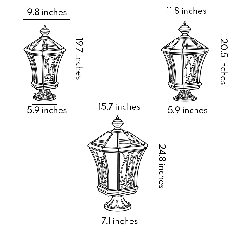 Vintage solar pillar lantern size guide showing three available height and width options