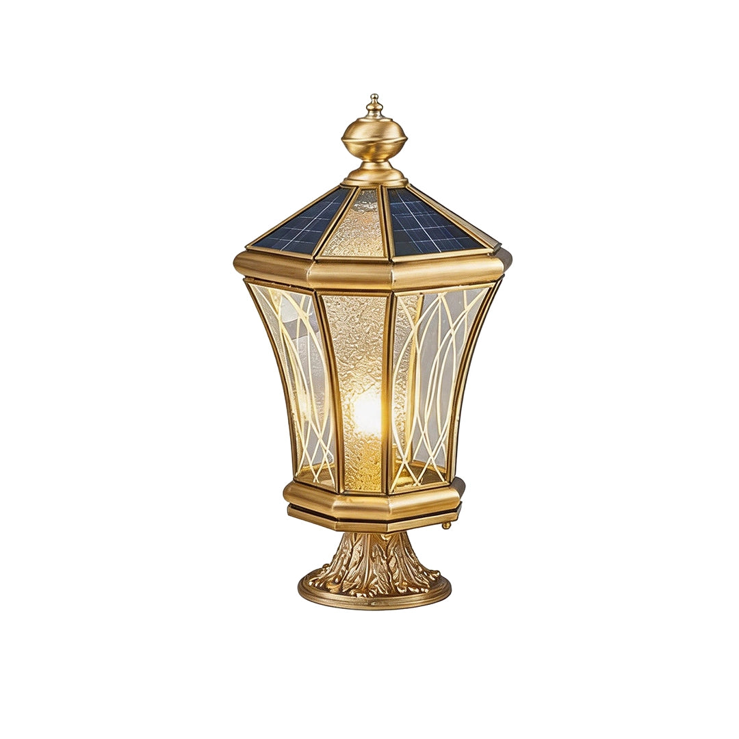 Vintage solar pillar lantern with gold metal frame and warm decorative lighting