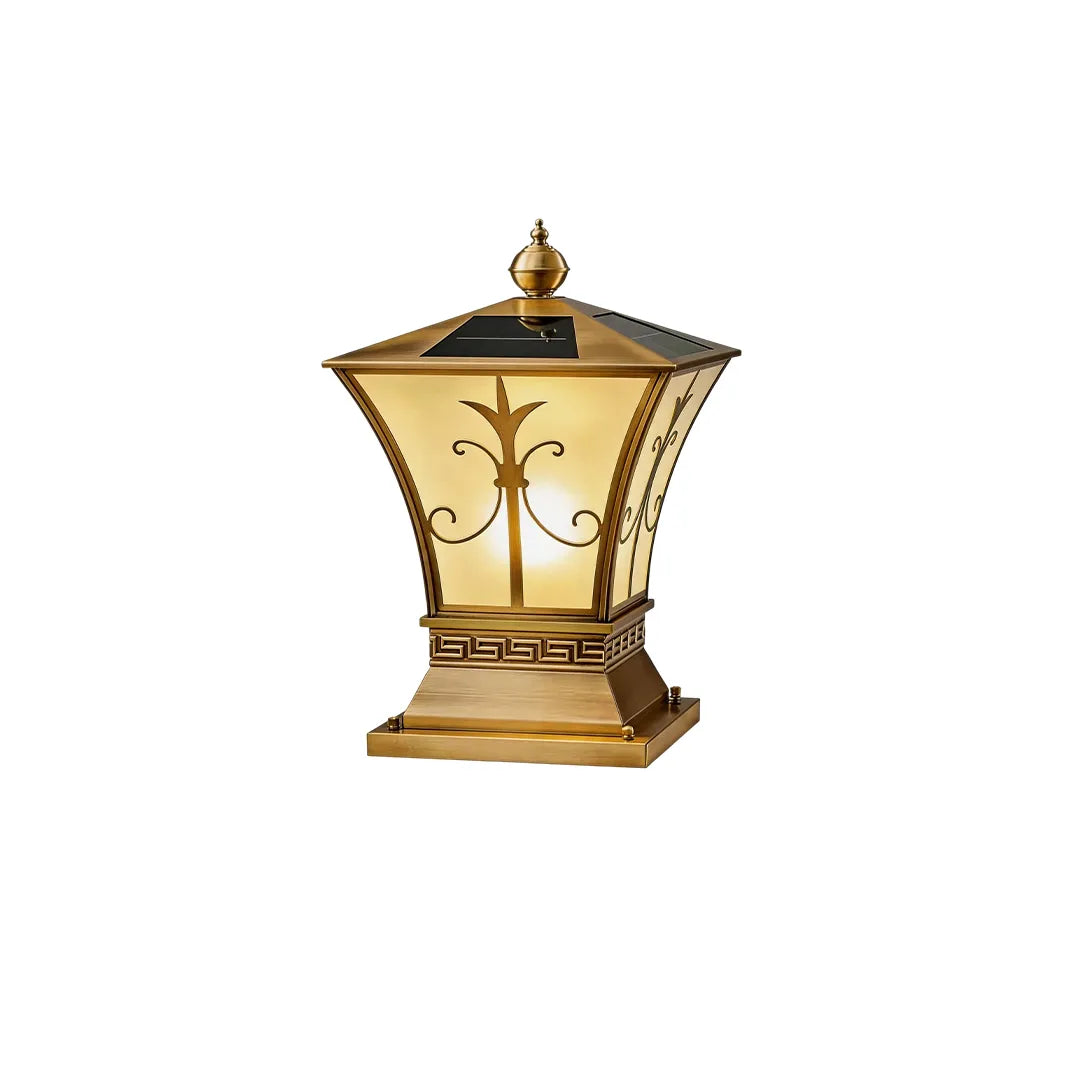 Vintage solar pillar lantern with gold frame decorative glass and integrated solar panel