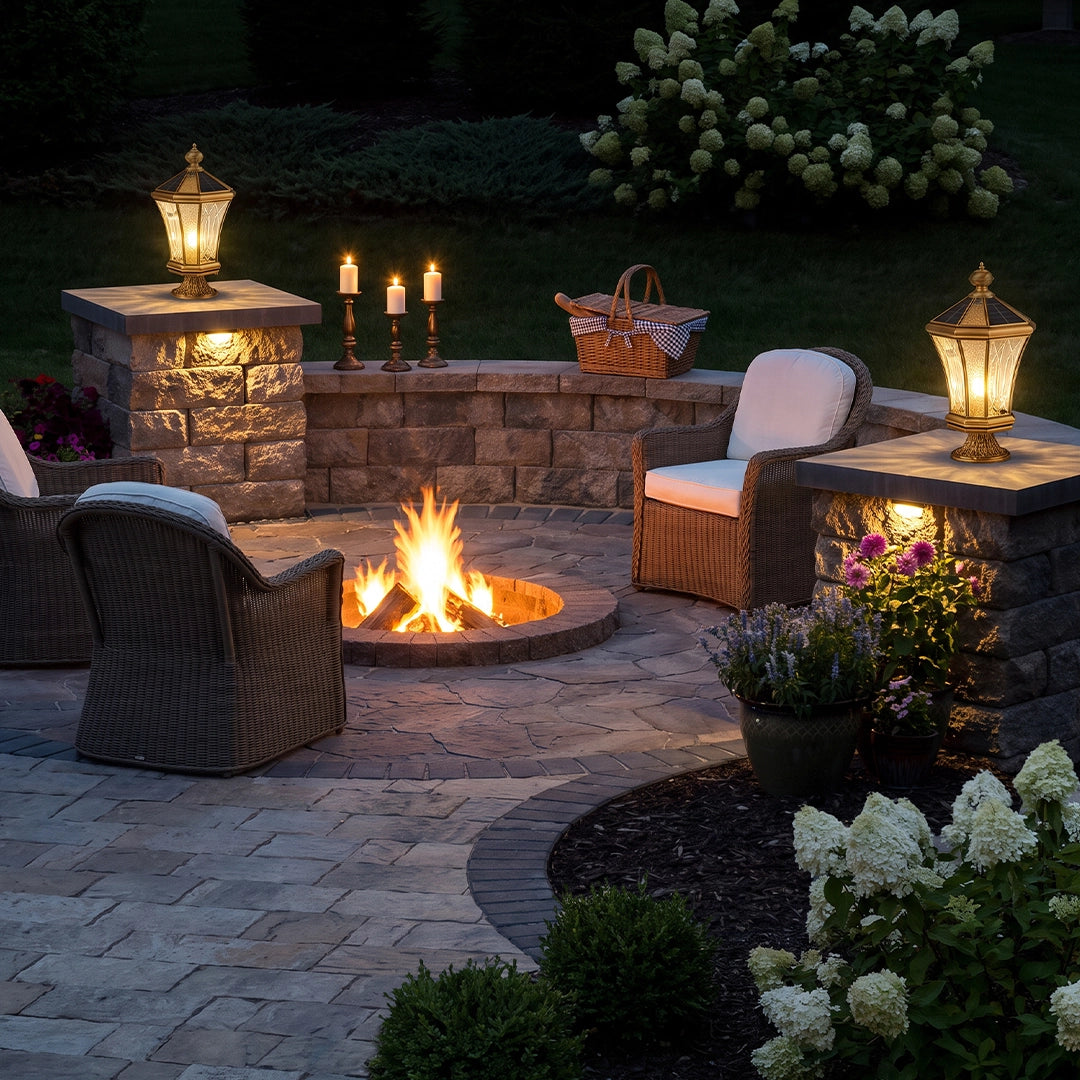Vintage solar pillar lanterns illuminating outdoor fire pit and stone patio