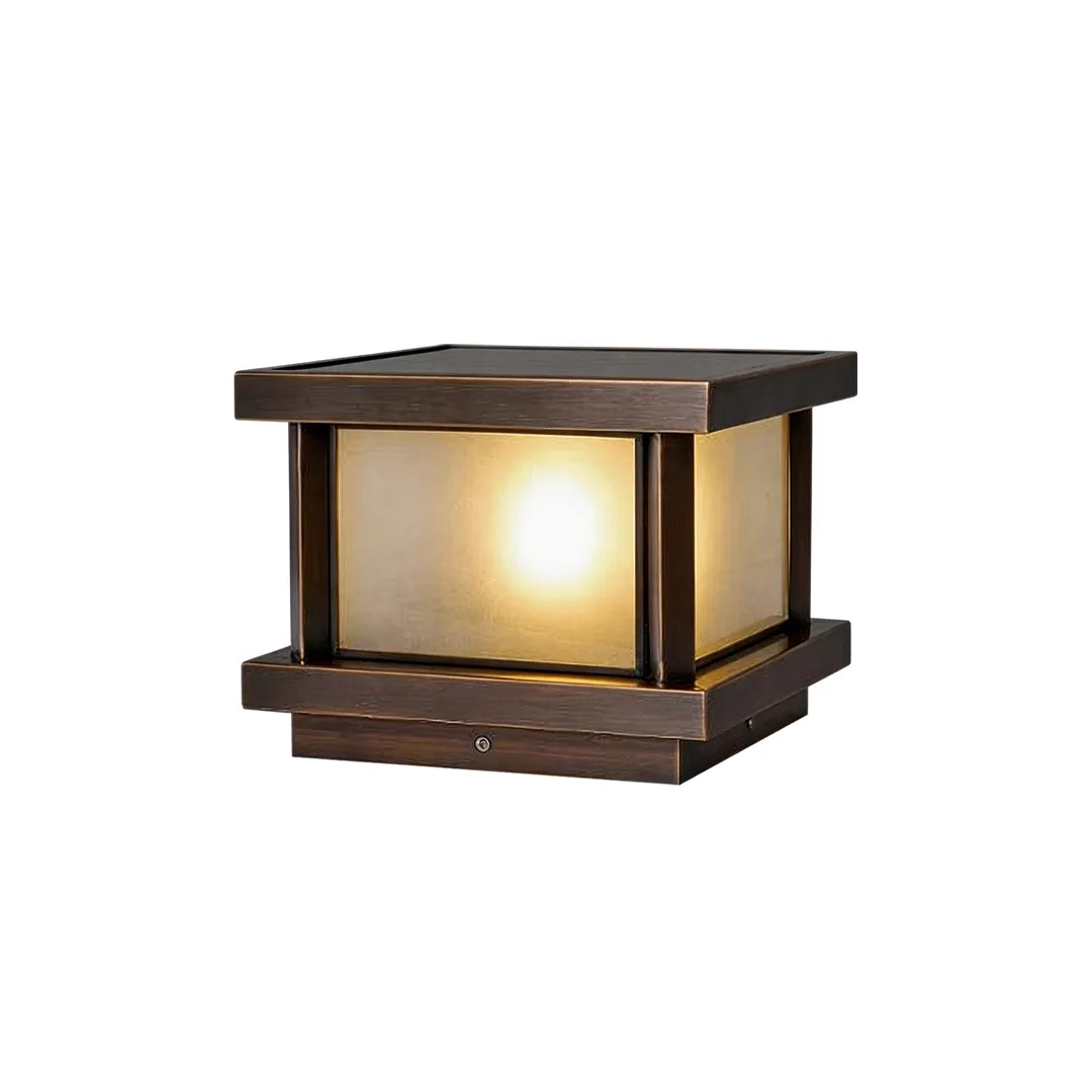 Vintage solar pillar light with bronze frame frosted glass and warm glow