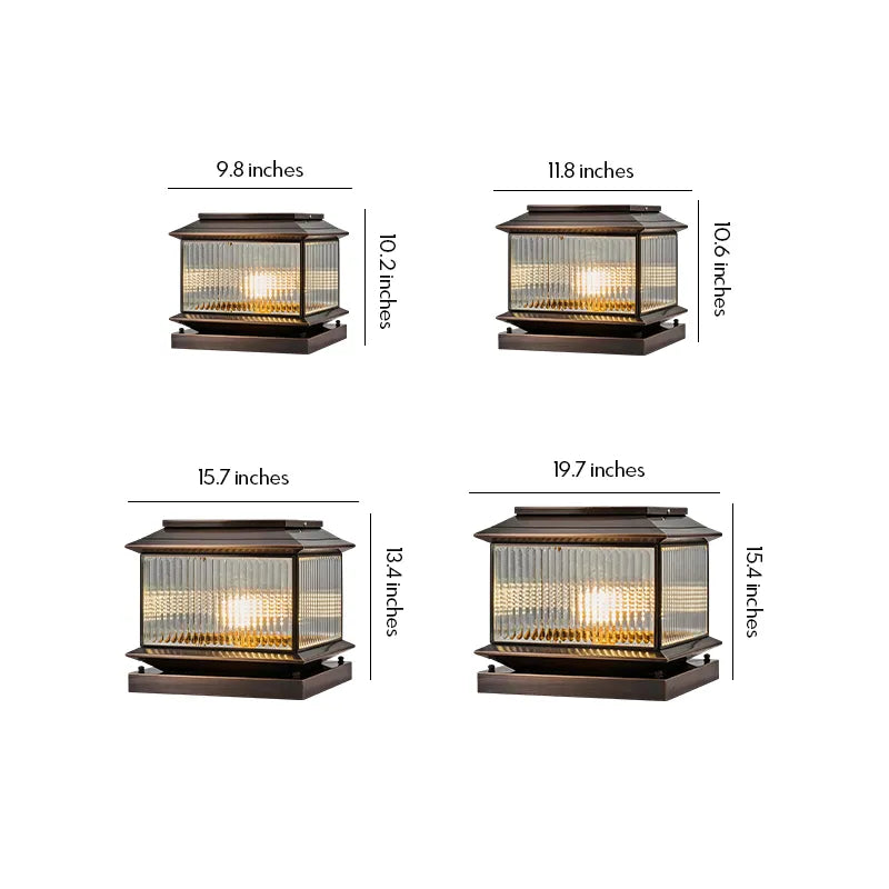 Vintage solar pillar light size guide showing four available height and width options