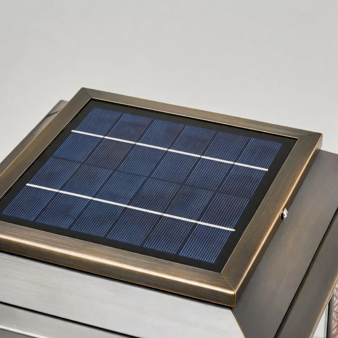 Vintage solar pillar light with integrated top solar panel and bronze metal frame