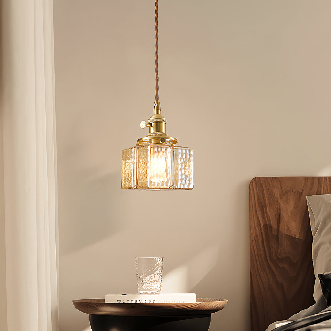 Vintage square glass pendant light with fluted texture and antique brass finish for traditional decor
