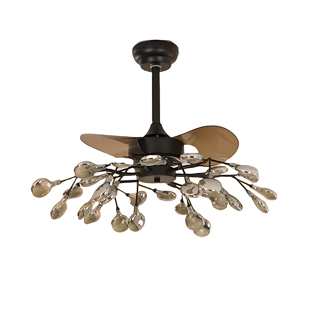 Glam ceiling fan with light featuring retractable blades and golden crystal leaf accents in modern design