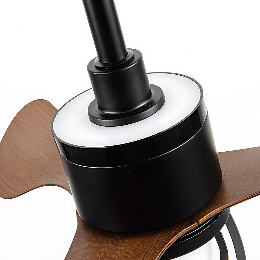 Bottom view of vintage style ceiling fan showing motor assembly and blade attachment mechanism