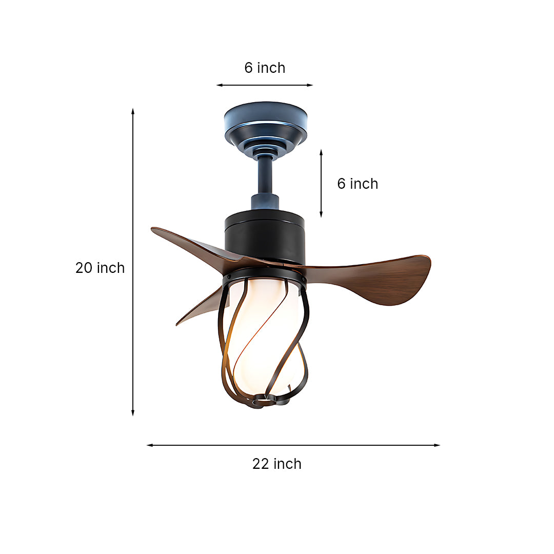 Technical diagram of vintage style ceiling fan with light showing dimensions and specifications