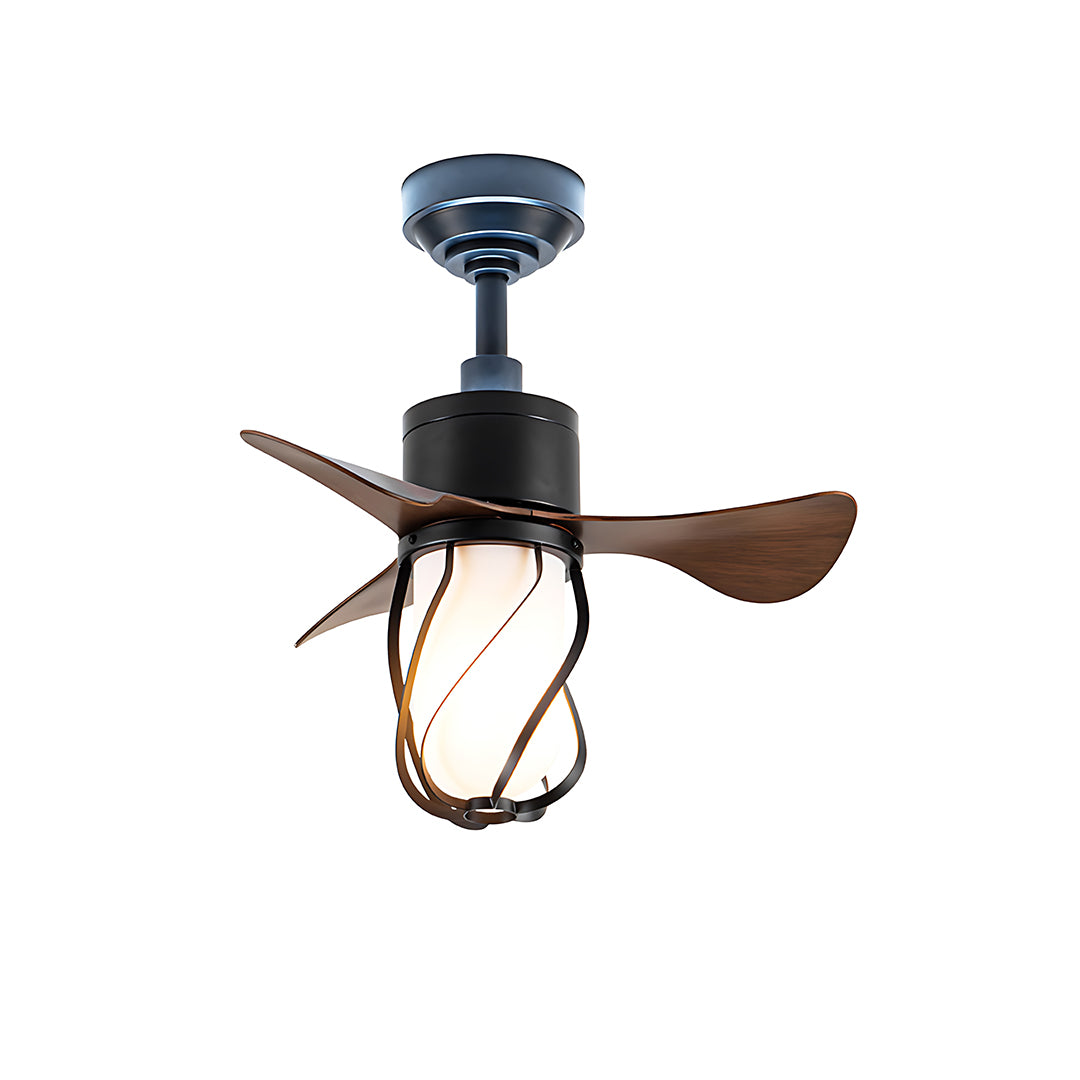 Vintage style ceiling fan with light featuring black motor housing and wood-toned blades with cage light fixture