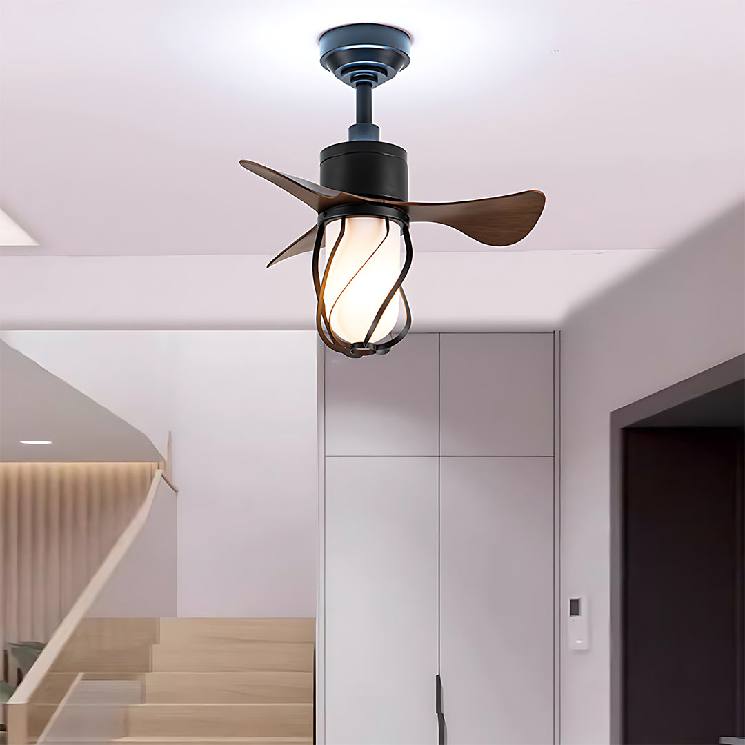 Vintage style ceiling fan with light in modern hallway with white walls and minimalist design