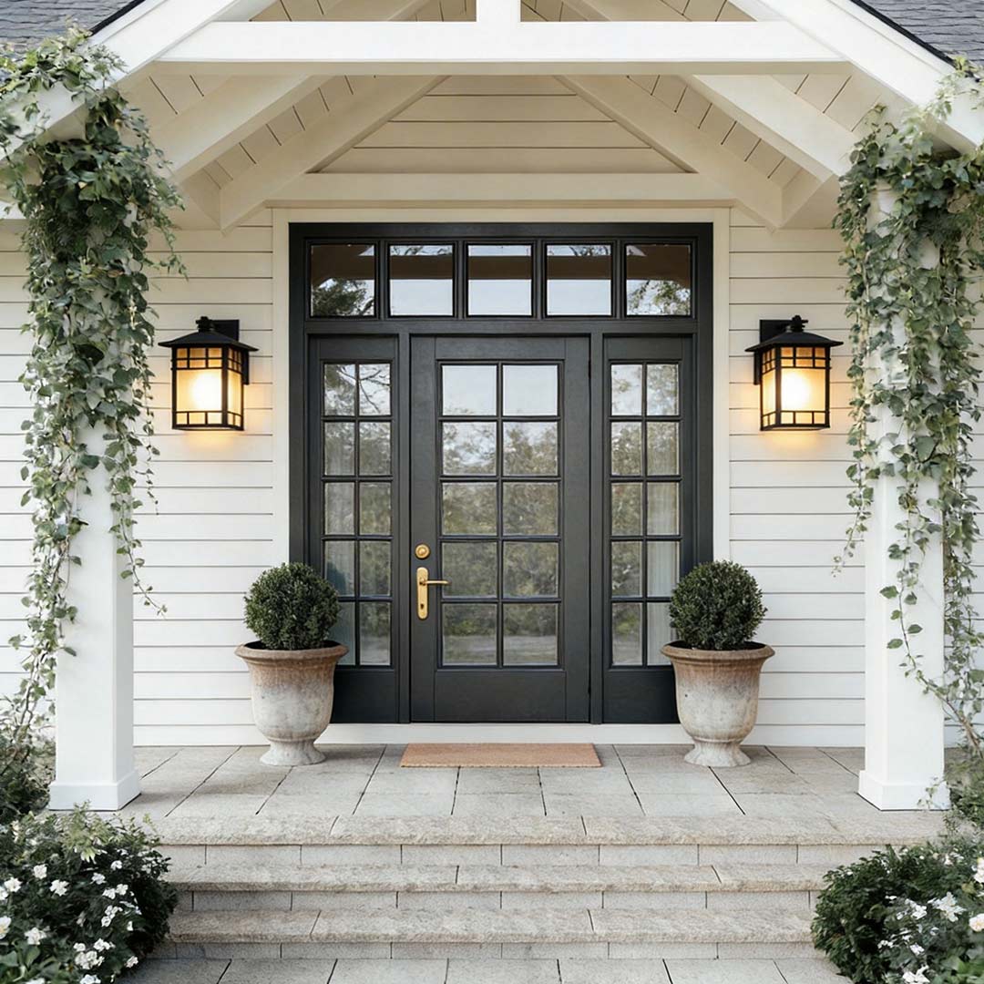 Vintage wall lantern with a classic design, enhancing a house entrance with potted plants.