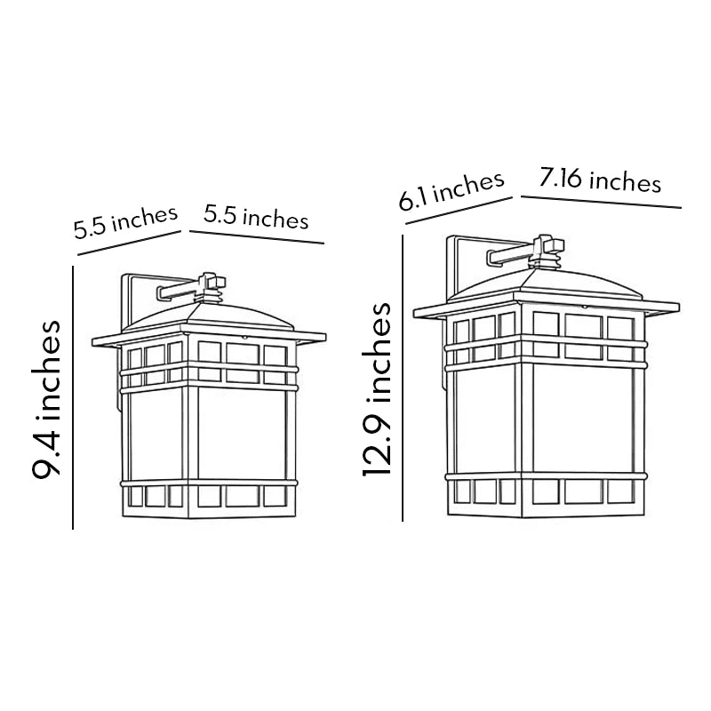 Dimension diagram of vintage wall lantern showing two size options with width, depth, and height measurements.