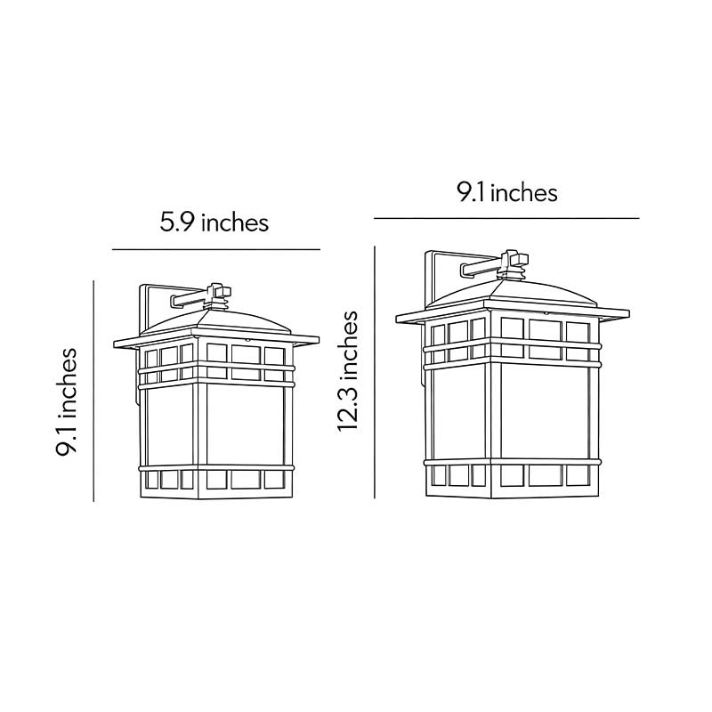 Technical diagram showing dimensions and structure of vintage wall lantern models.