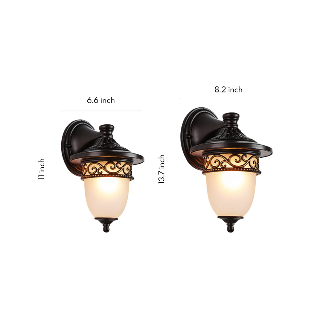 Vintage wall lights outdoor with full measurement chart and ornate bronze frame.