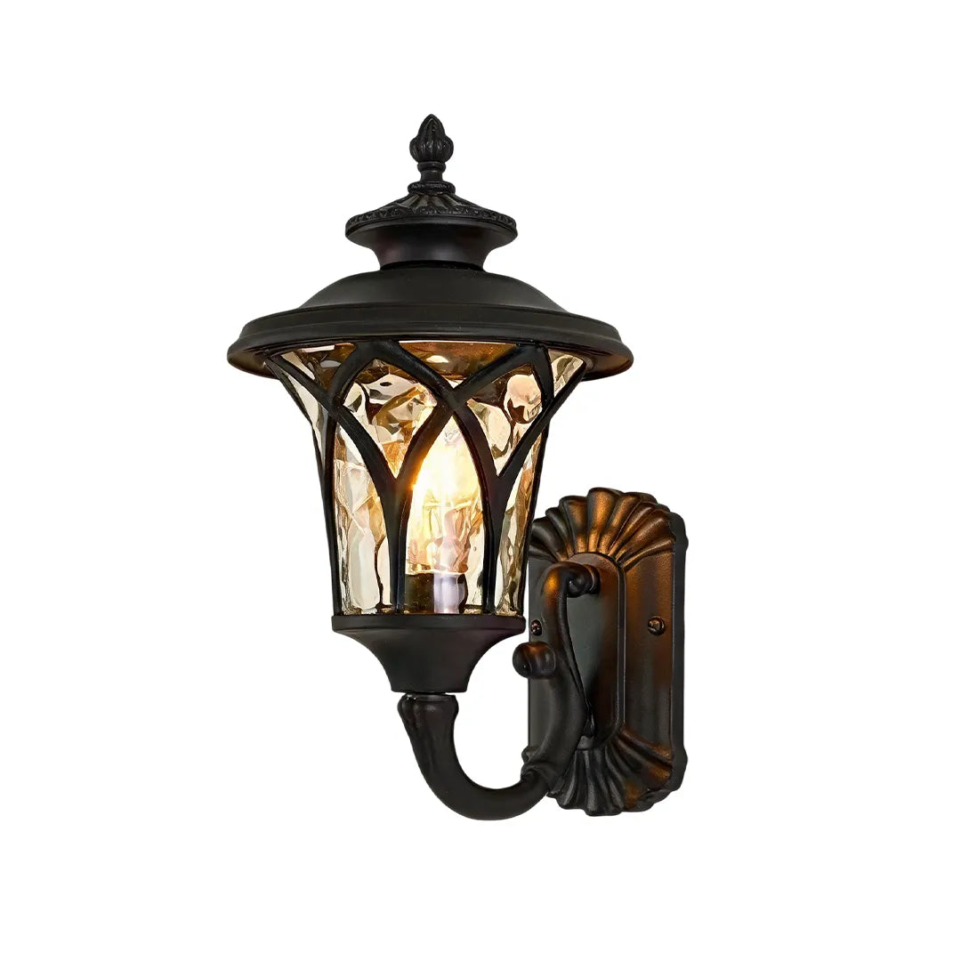Vintage wall sconce light fixtures with a dark finish, curved arm, and traditional lantern silhouette.