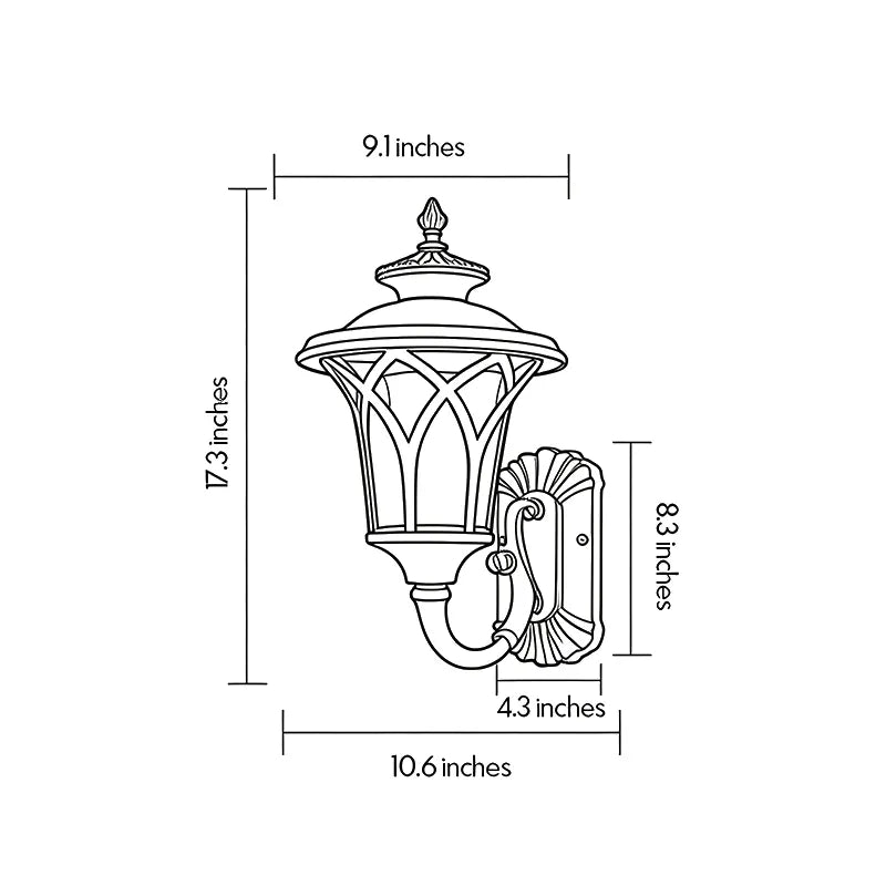 Vintage wall sconce light fixtures dimension guide showing the lantern height, width, and wall projection.