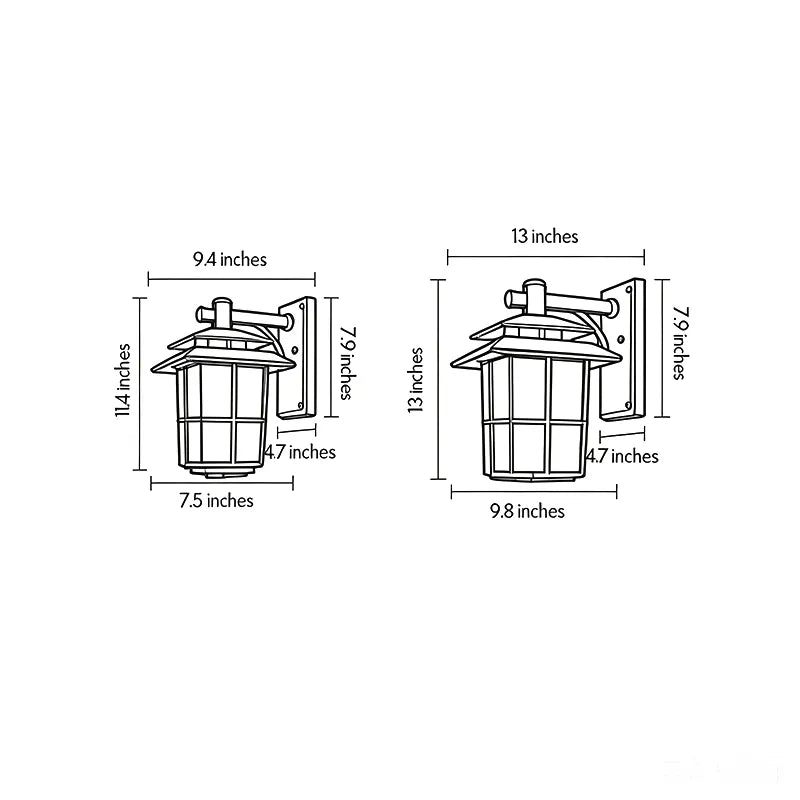 Vintage wall sconce light fixtures size guide showing two exterior lantern dimensions and mounting details.