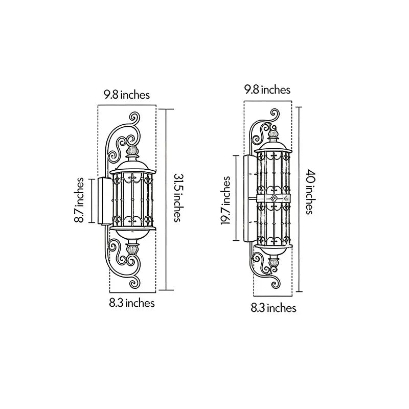 Vintage wall sconce lighting dimensions drawing showing two fixture sizes and wall mounting measurements.