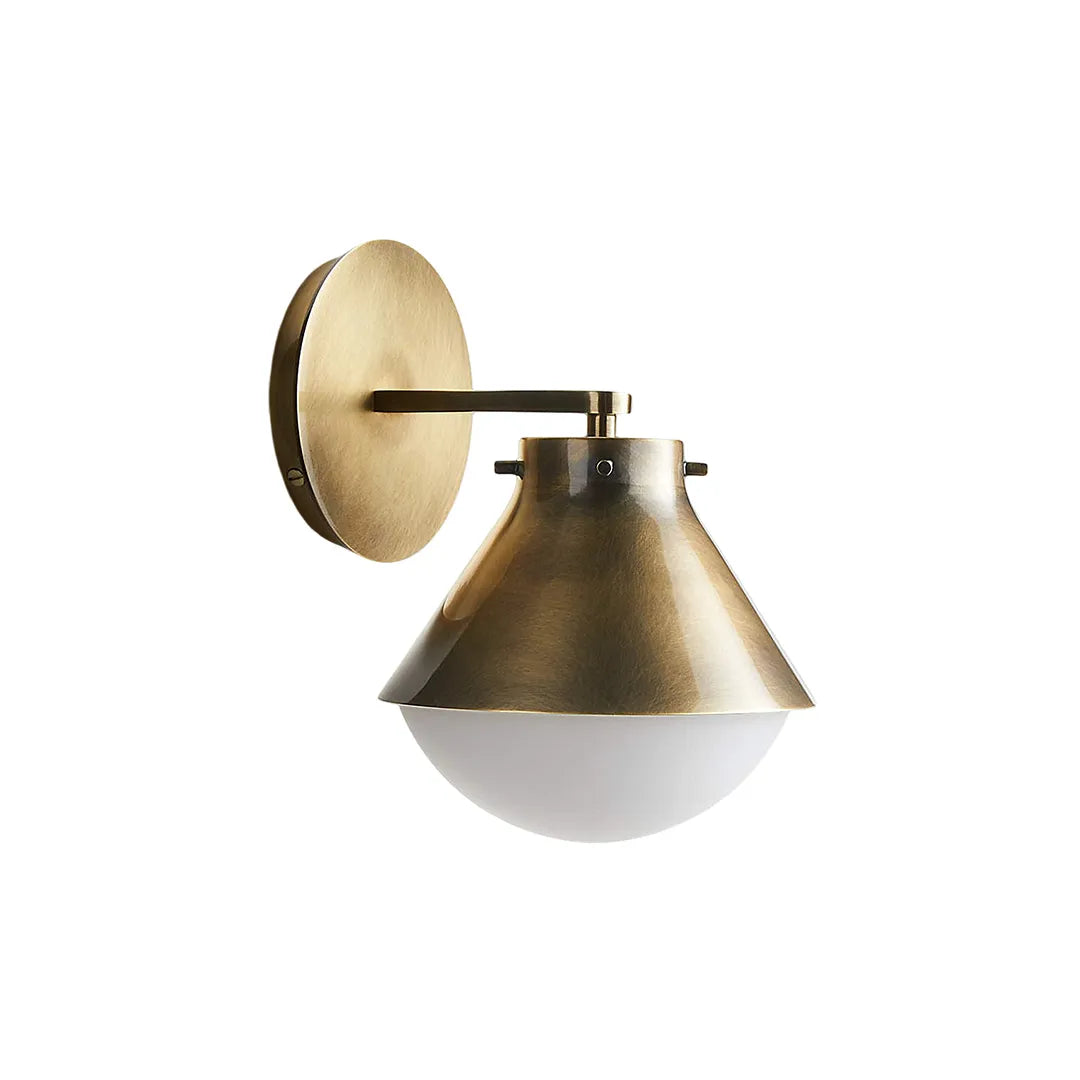 Vintage wall sconce lights in a brass finish shown as a single product image with a metal shade and glass globe.