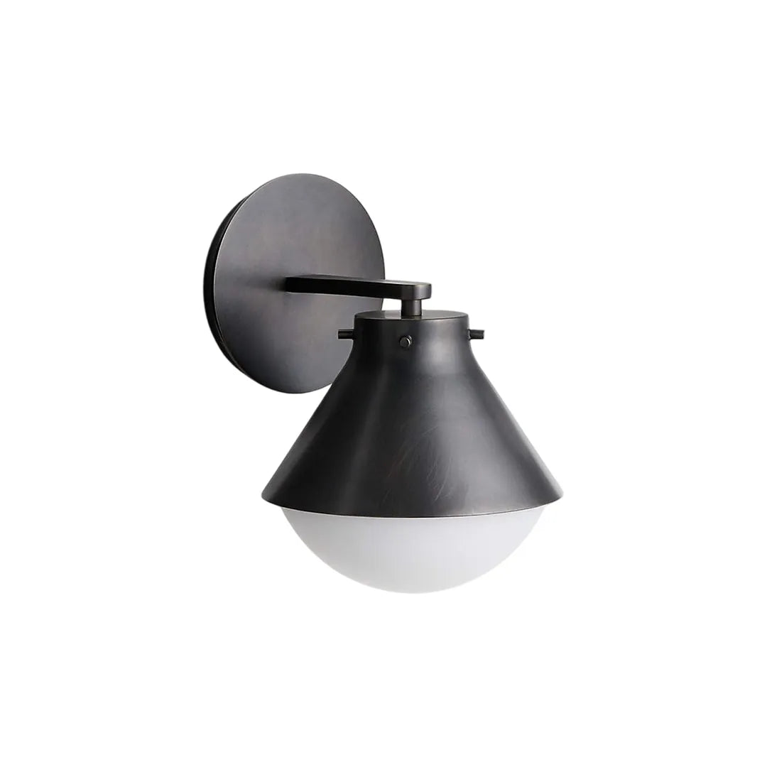 Vintage wall sconce lights in a gunmetal gray finish shown as a single product image with a metal shade and glass globe.