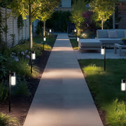 A row of contemporary path light fixtures illuminating a modern walkway lined with trees at dusk.