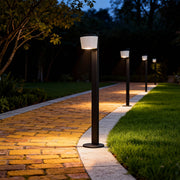 Garden walkway illuminated by evenly spaced garden lights path fixtures casting warm downward lighting.