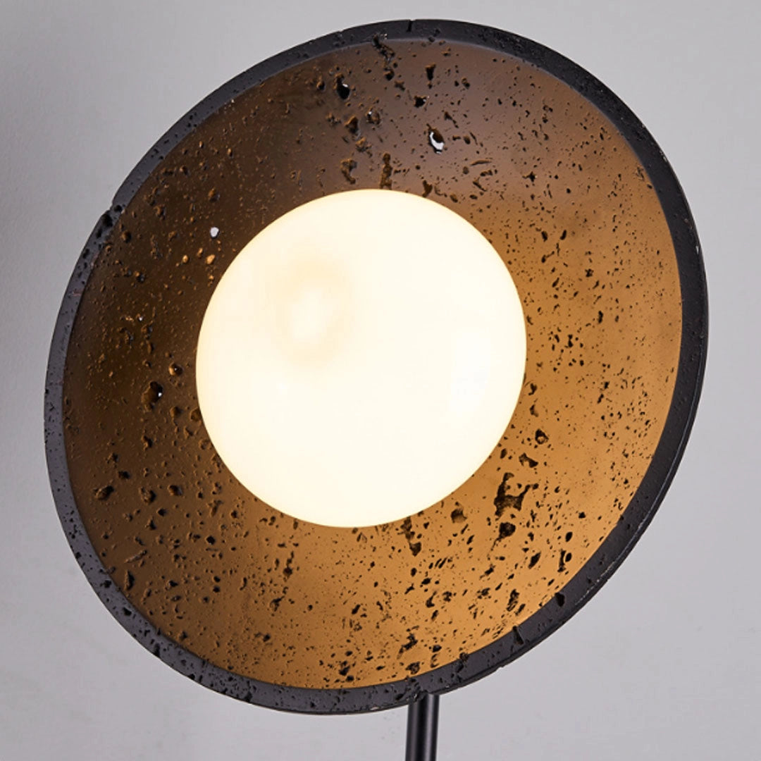 Close-up of a wall adjustable light featuring a glowing globe bulb inside a black and bronze disc shade.