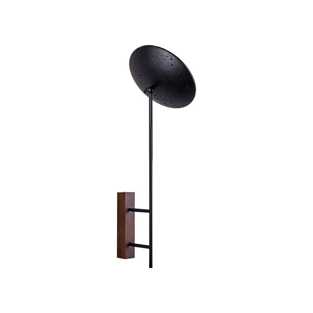 Wall adjustable light product view with a slim black arm, wood backplate, and tilting disc shade.