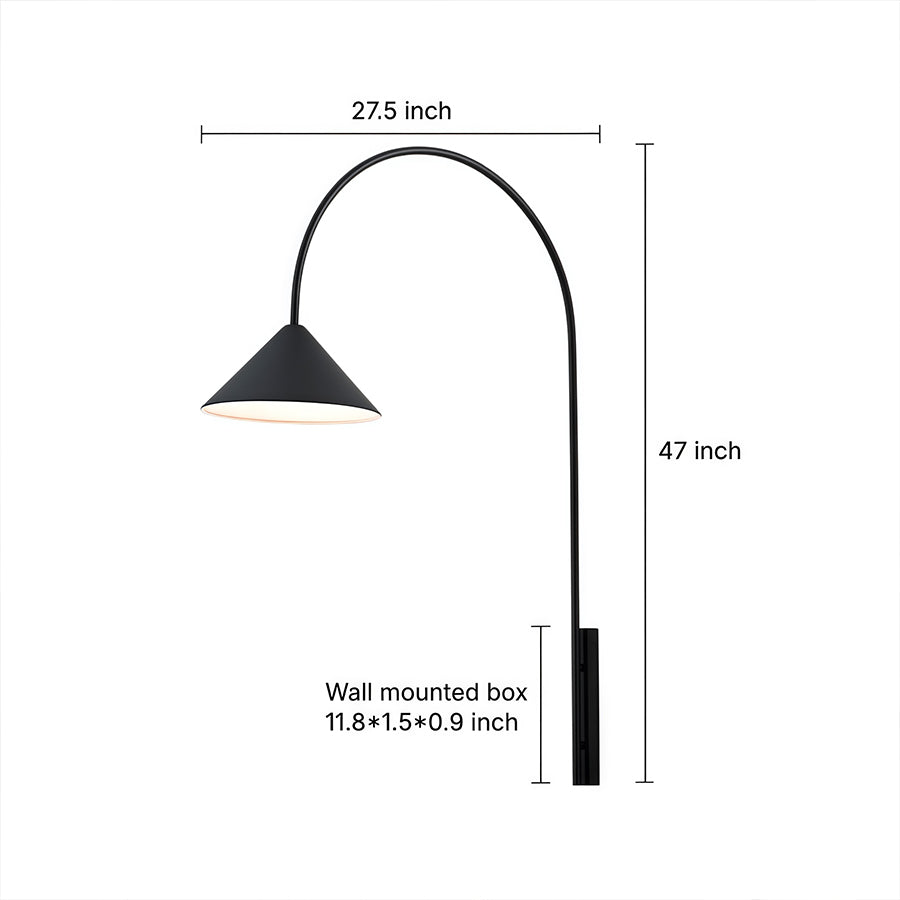Wall arm light technical drawing showing curved black metal arm with conical shade and dimension measurements on white background.
