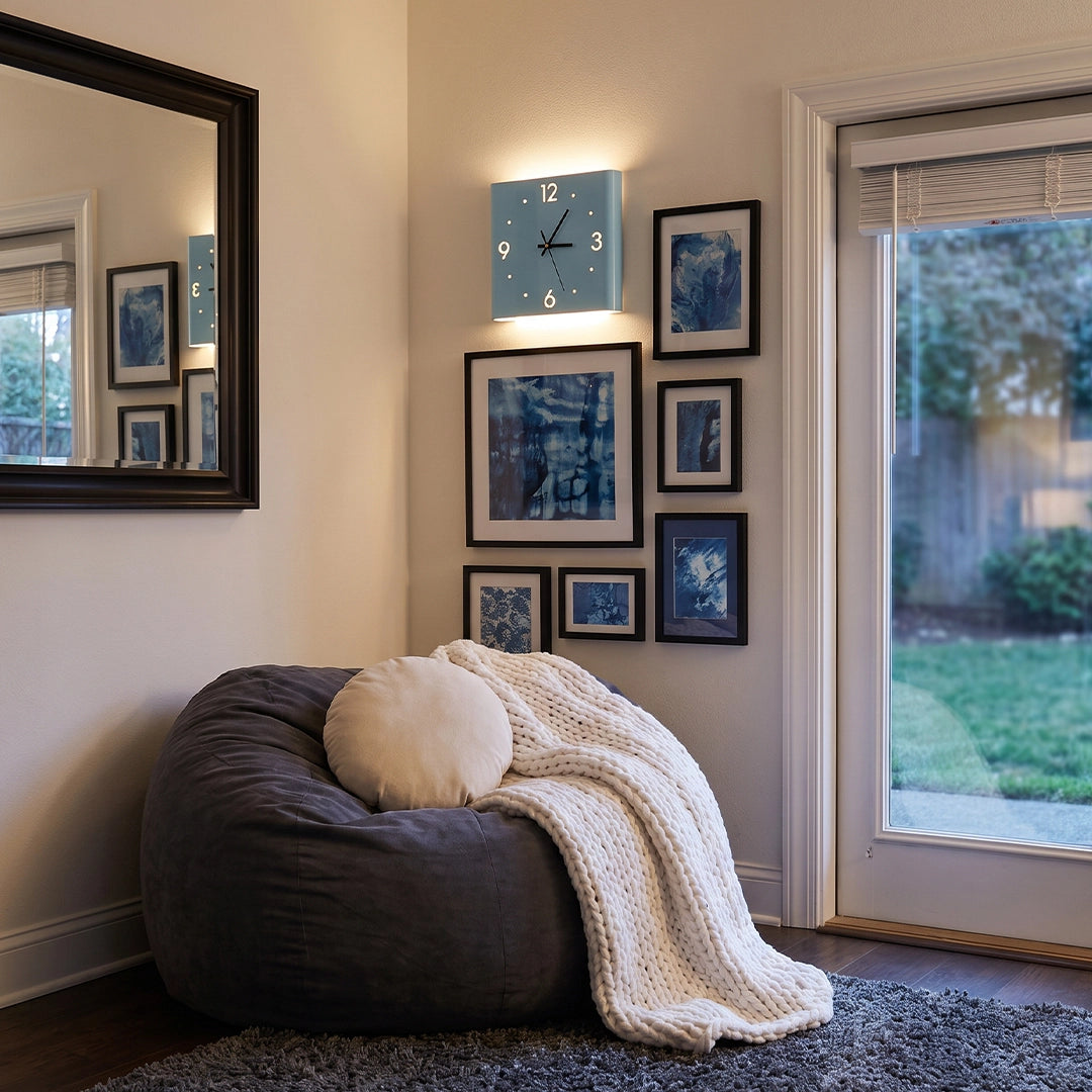 Wall clock lamp illuminating a cozy corner with a beanbag chair, framed art, and a glass door.