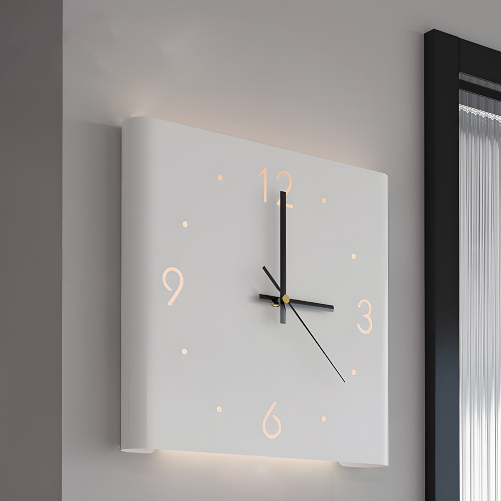 Wall clock lamp mounted on living room wall with soft ambient lighting