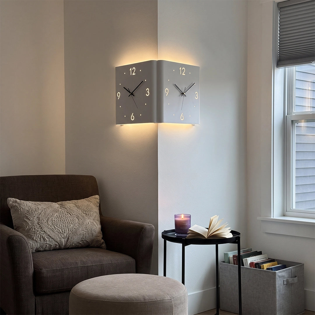 Wall clock lamp mounted above a side table beside an armchair in a warm lounge corner.