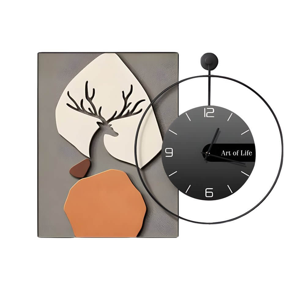 Wall clock light with a close-up of its orange and white leaf design.