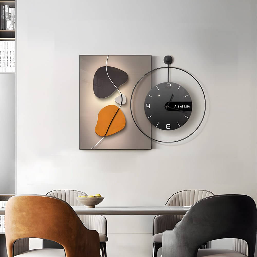 Wall clock light illuminating a contemporary living room with a gray sofa and coffee table.