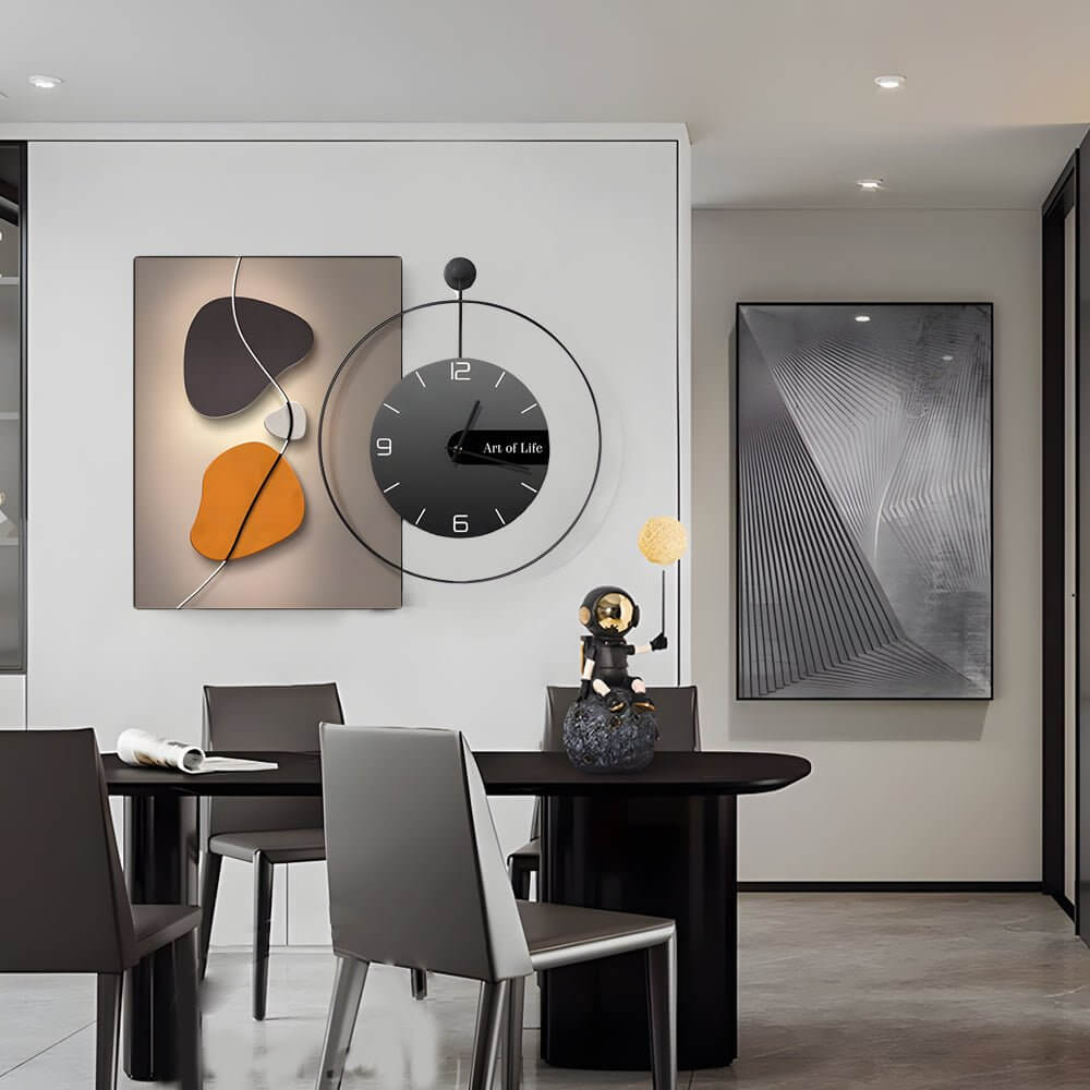 Wall clock light providing soft illumination in a cozy living room with a gray sofa.