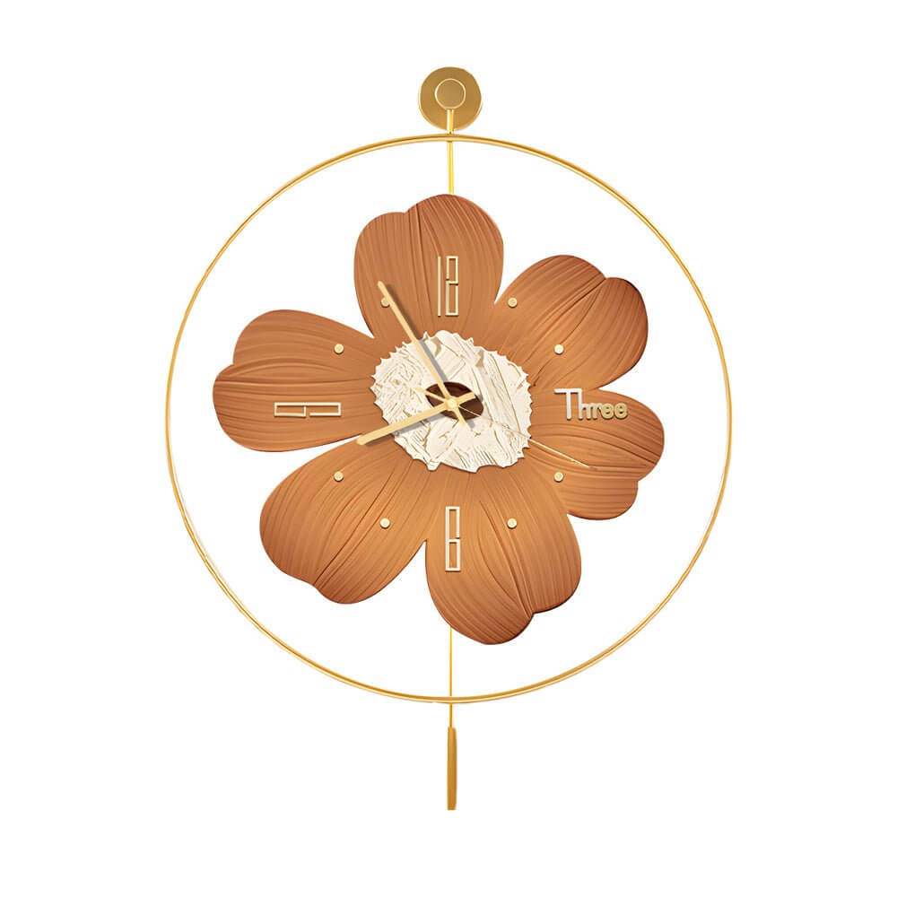 Wall clock with light in a brown and white floral design, displayed on a white wall.