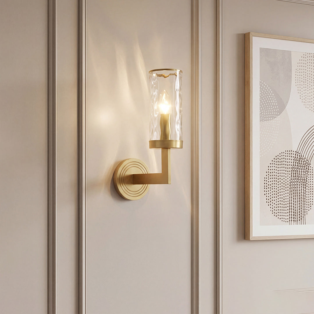 Illuminate your space with wall glass light with black textured cylinder, featuring sleek design and energy-efficient LED lighting.