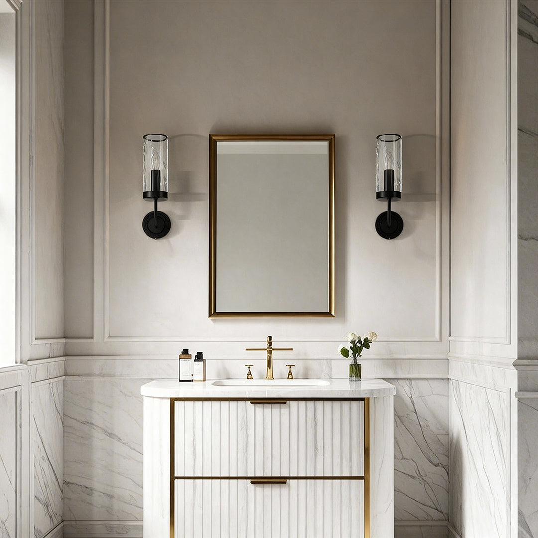 Wall glass light pair flanking bathroom mirror in classic white interior