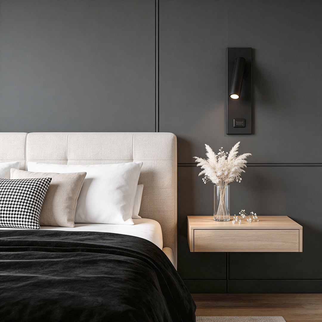 Wall lamp with USB charger enhancing a contemporary bedside area with elegant ambient light.