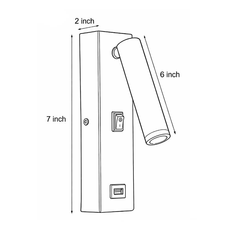 Technical diagram showing dimensions and structure of wall lamp with USB charger models.