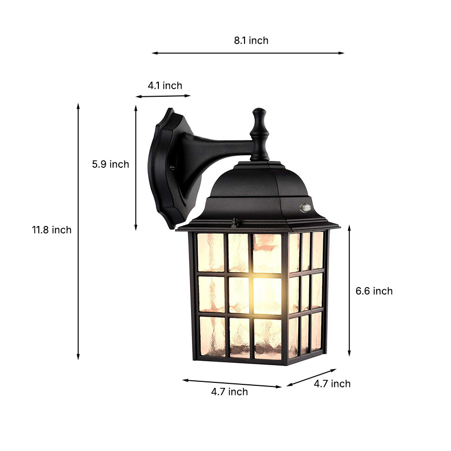 Technical drawing showing dimensions and mounting specifications for outdoor wall lantern fixture
