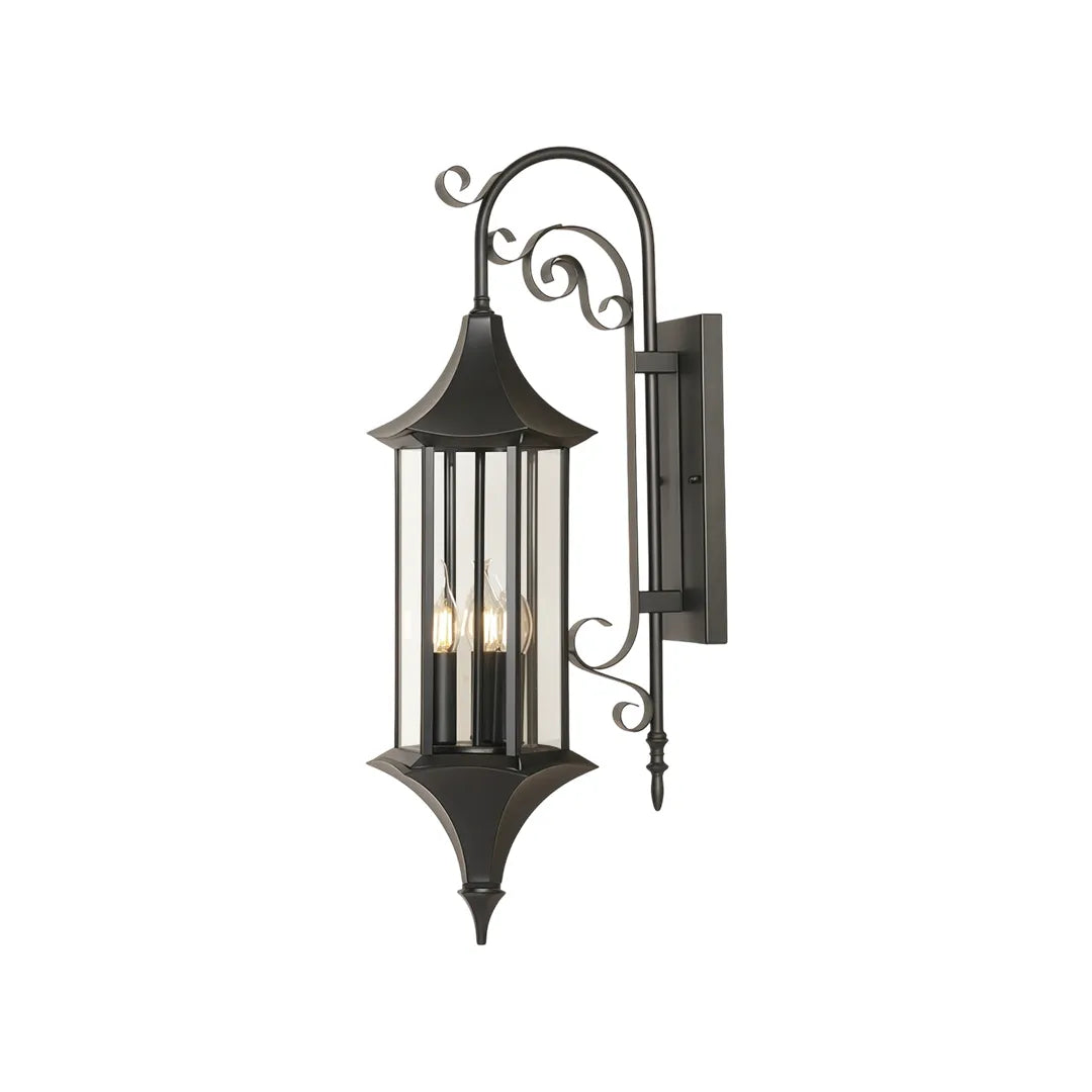 Wall lanterns outdoor lighting product image showing a tall bronze outdoor lantern with ornate curved arm and clear glass shade.