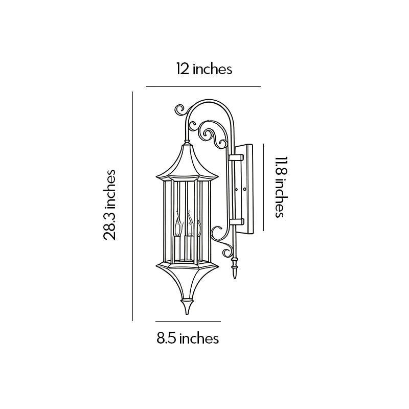 Wall lanterns outdoor lighting dimension drawing showing fixture height, width, and wall projection measurements.