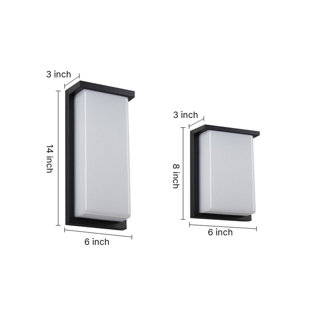 Technical size specifications showing dimensions for two different wall light fixture models