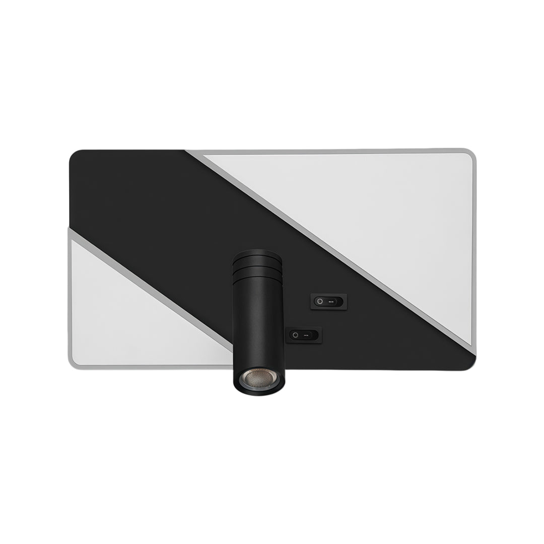 Black rectangular wall light with reading light featuring adjustable spotlight and diagonal LED detail.