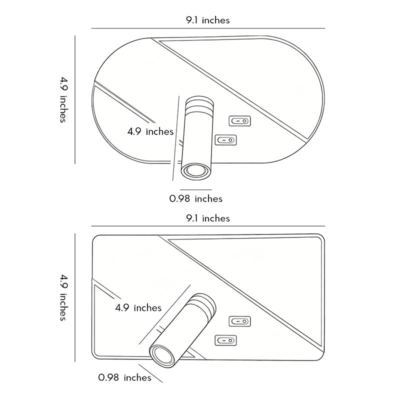 Dimension drawing of wall light with reading light showing oval and rectangular installation measurements.
