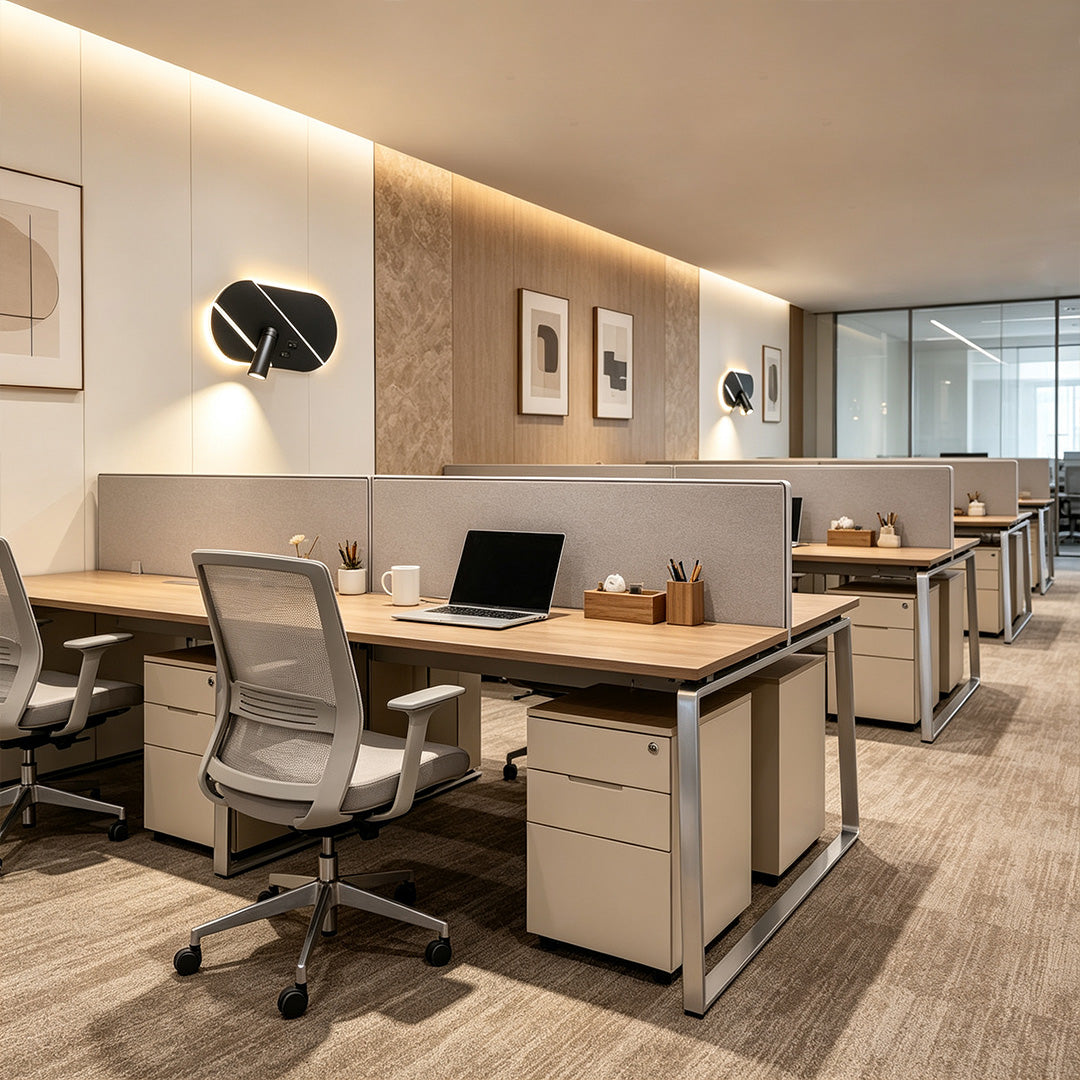 Stylish wall light with reading light illuminating modern office workspace with warm ambient lighting.